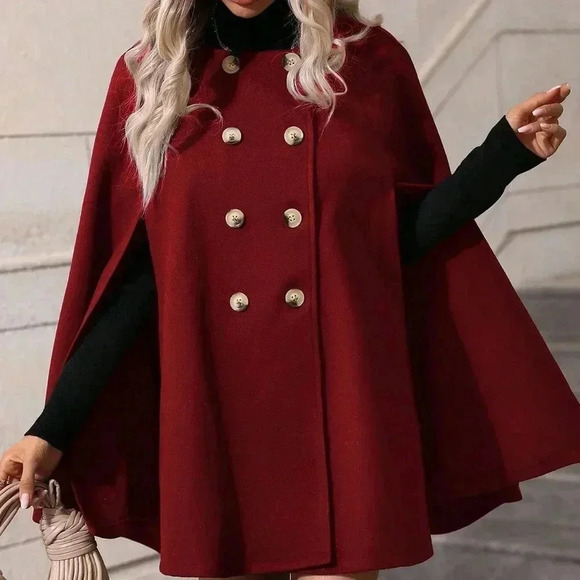 Burgundy Elegant Women's Double Breasted Cape Sleeve Woolen Coat - Picture 2 of 6